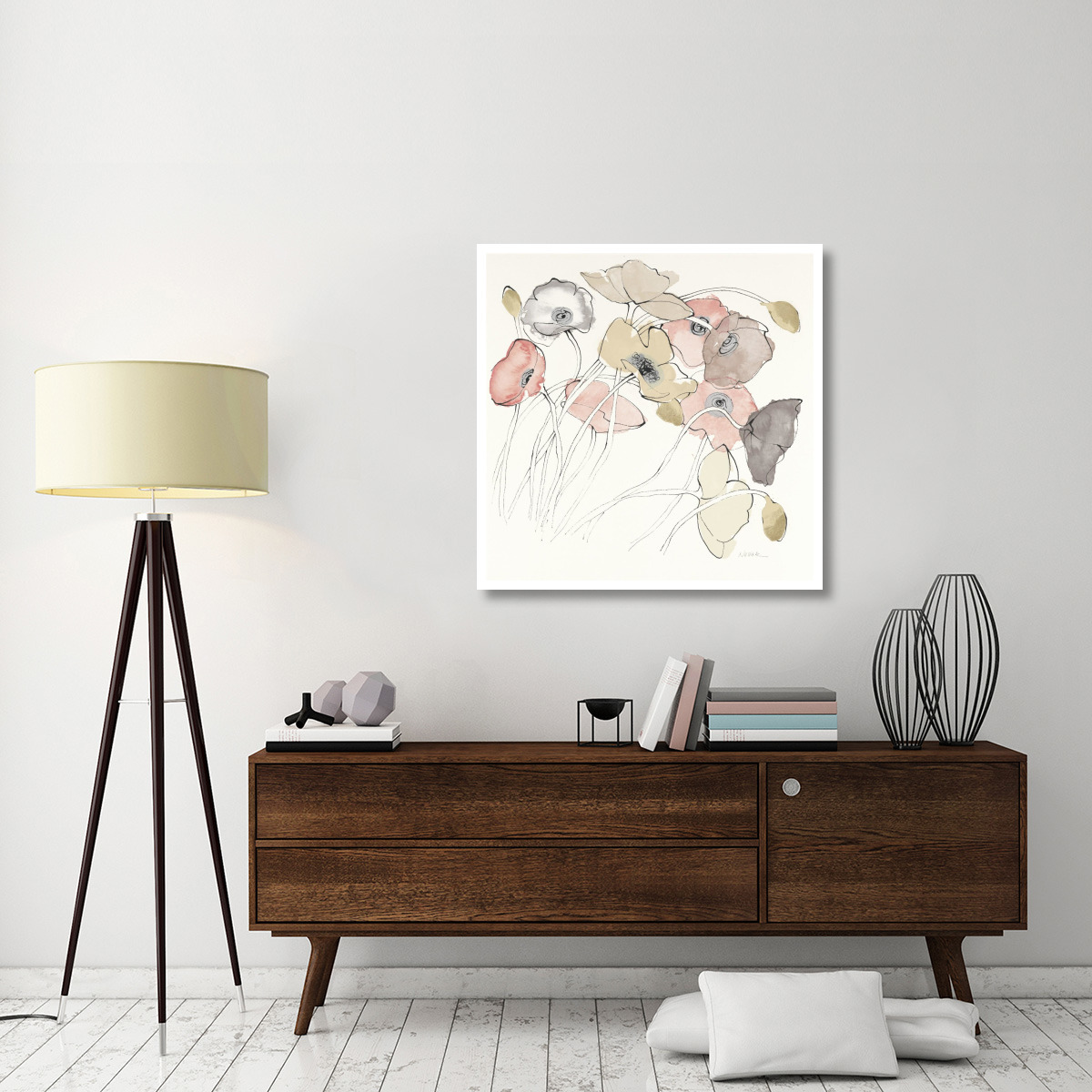 Black Line Poppies II Watercolor Neutral -Paper Art-38&quotx38"