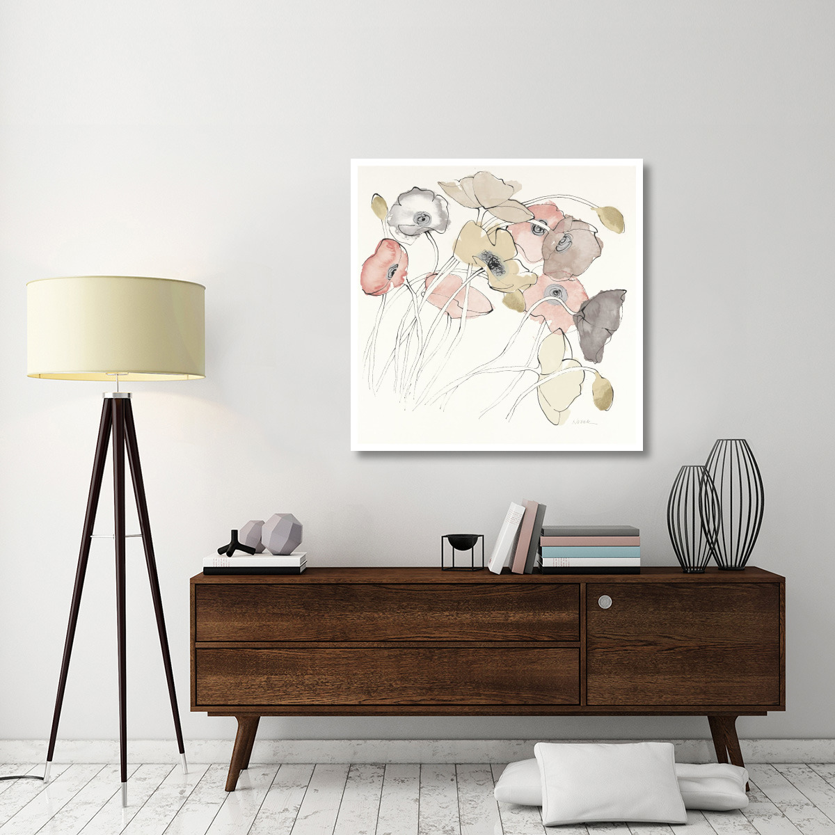 Black Line Poppies II Watercolor Neutral -Paper Art-42&quotx42"