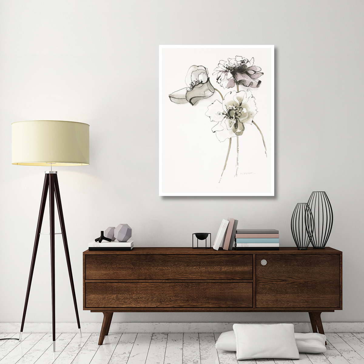 Three Somniferums Poppies Neutral -Paper Art-38&quotx50"