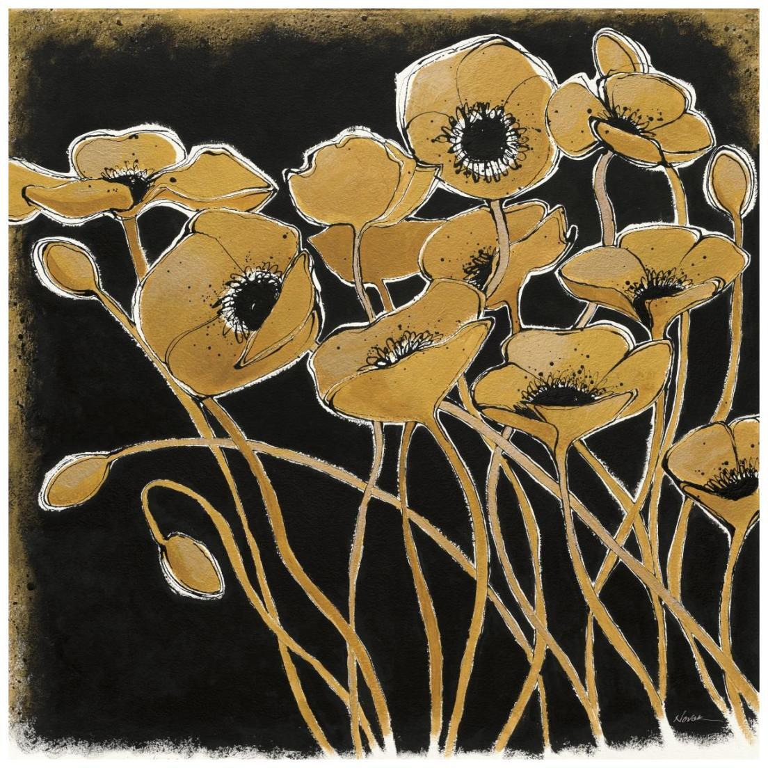 Gold Black Line Poppies I -Paper Art-20&quotx20"