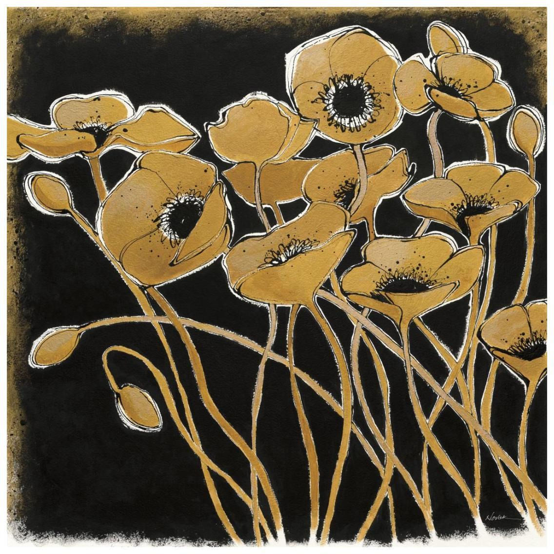 Gold Black Line Poppies I -Paper Art-26&quotx26"