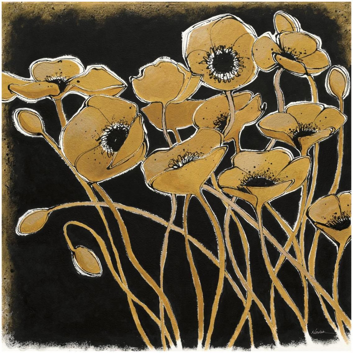 Gold Black Line Poppies I -Paper Art-32&quotx32"