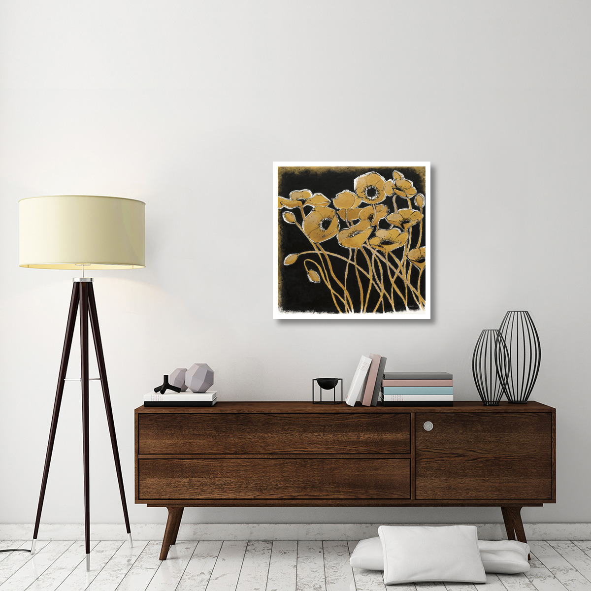 Gold Black Line Poppies I -Paper Art-32&quotx32"