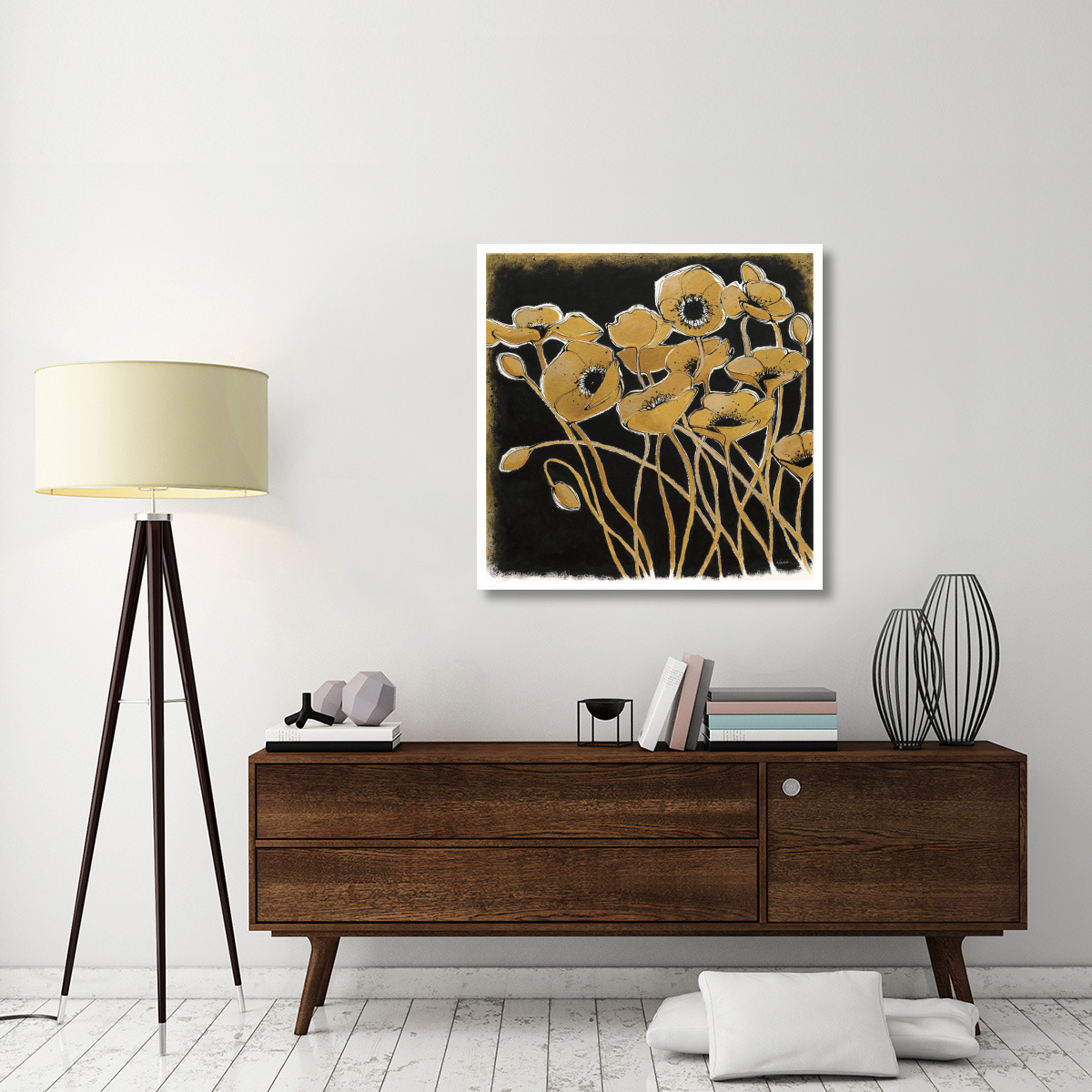 Gold Black Line Poppies I -Paper Art-38&quotx38"