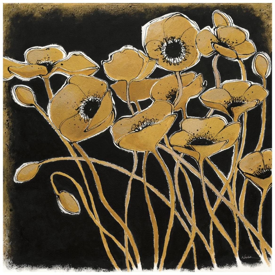 Gold Black Line Poppies I -Paper Art-42&quotx42"