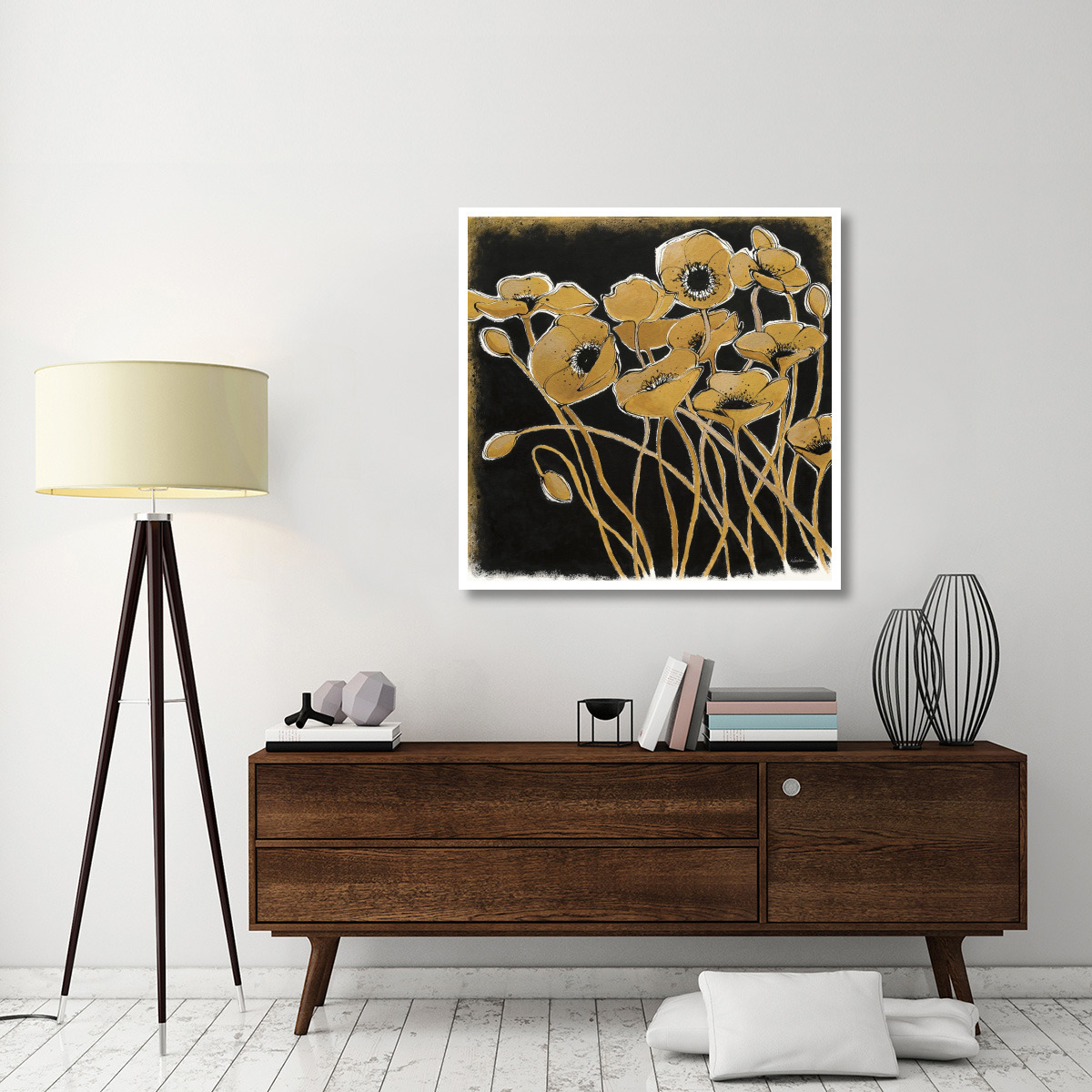 Gold Black Line Poppies I -Paper Art-42&quotx42"