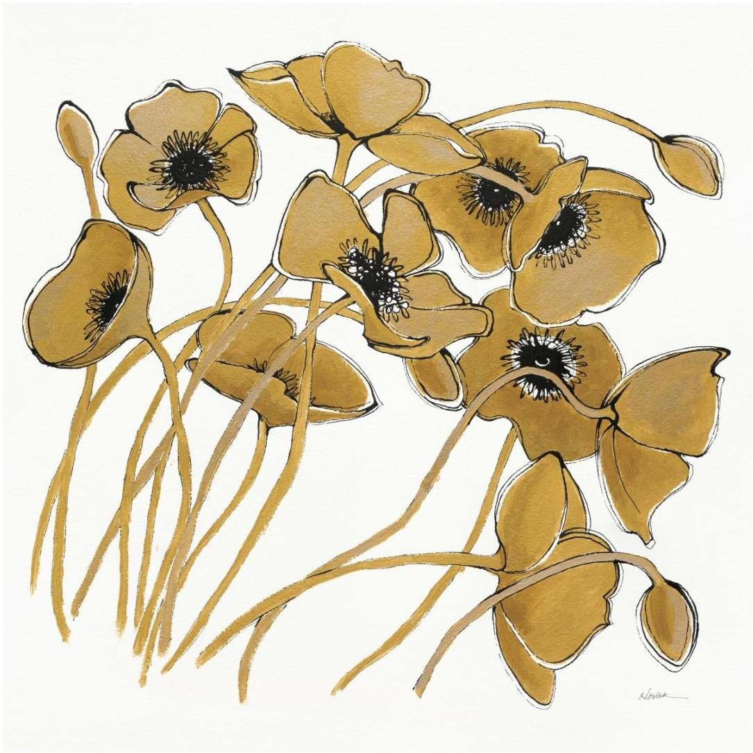 Gold Black Line Poppies II -Paper Art-20&quotx20"