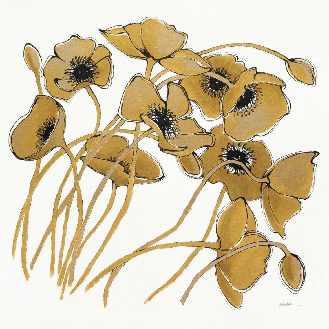 Gold Black Line Poppies II -Paper Art-38&quotx38"