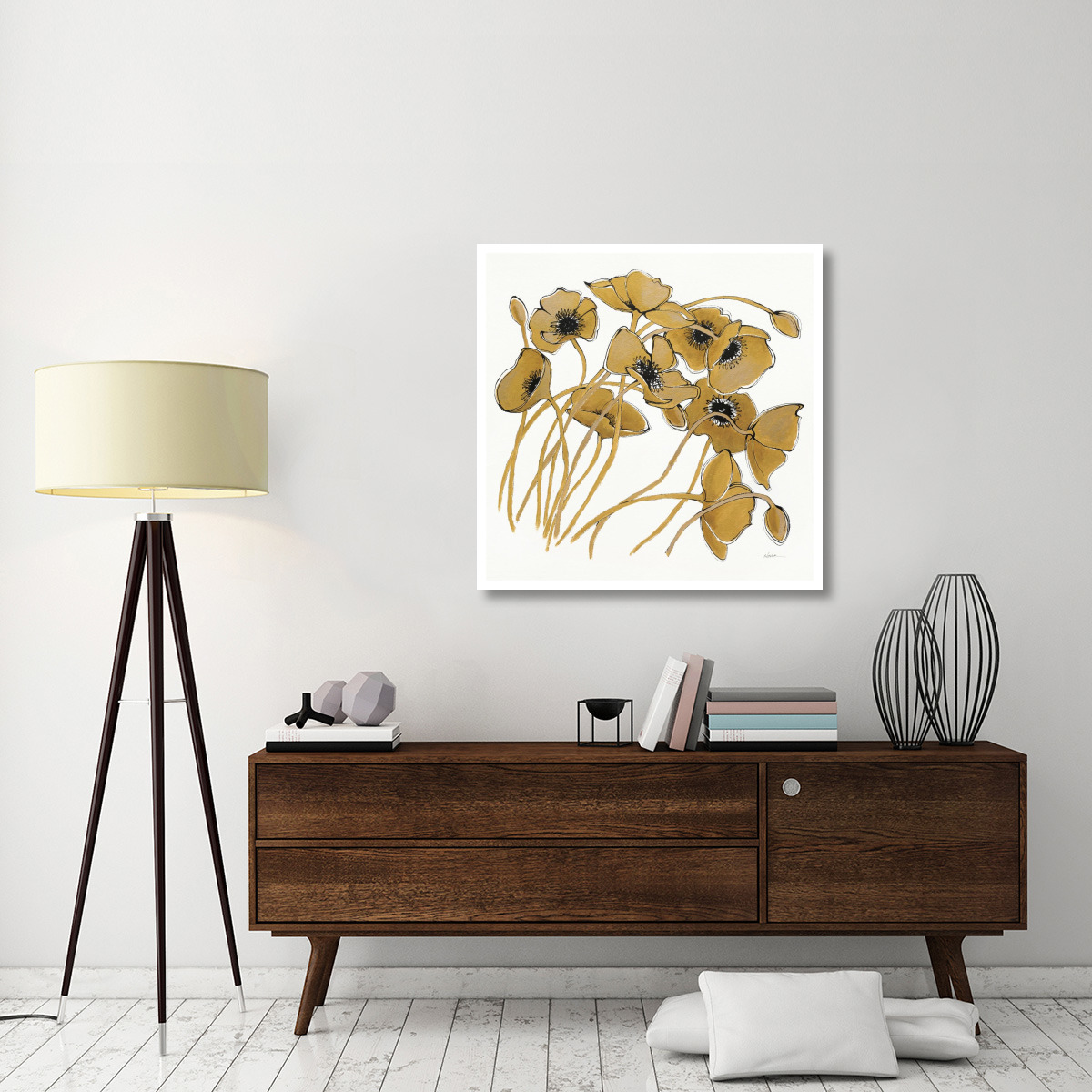 Gold Black Line Poppies II -Paper Art-38&quotx38"