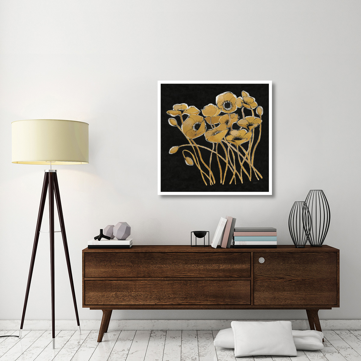 Gold Black Line Poppies I v2 -Paper Art-38&quotx38"