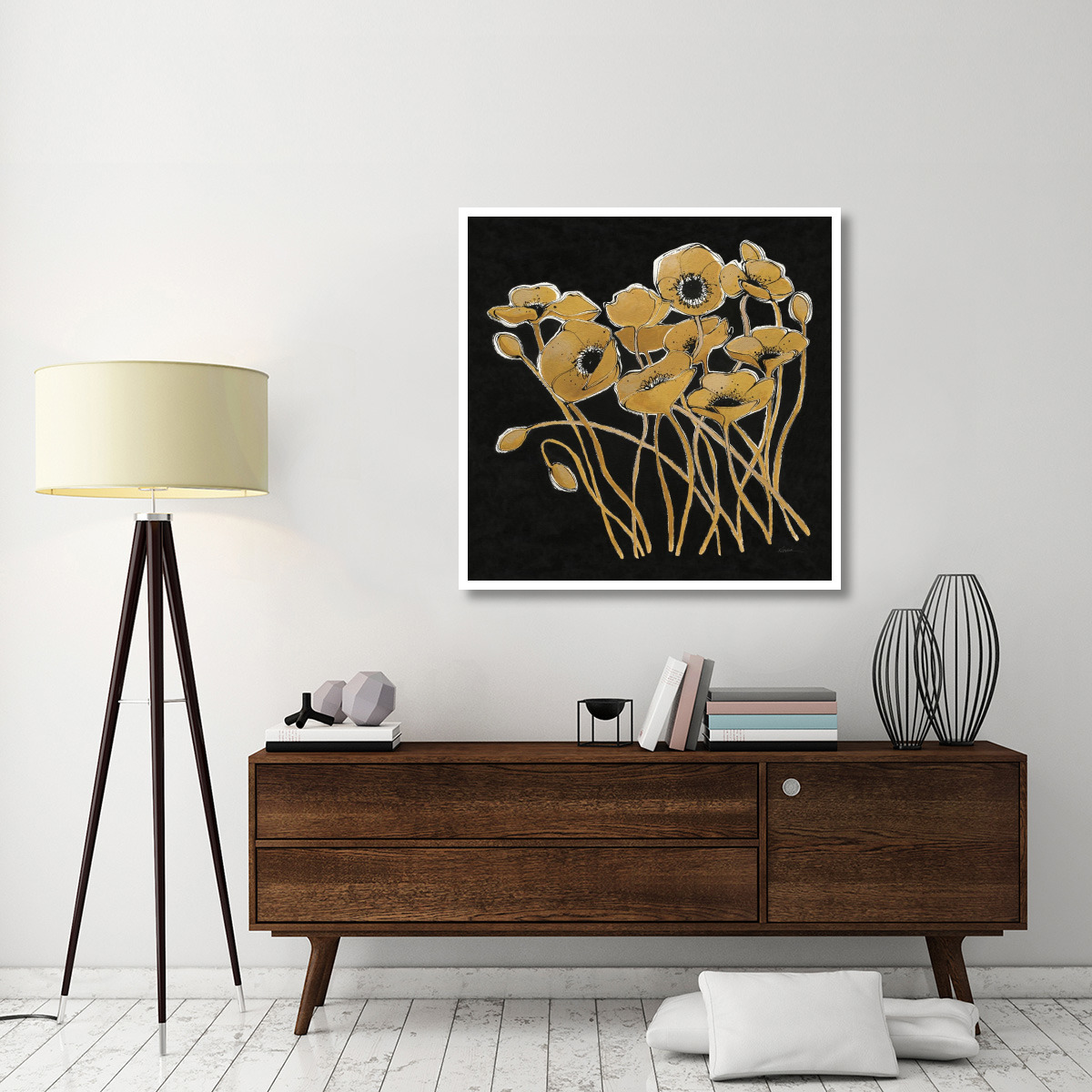 Gold Black Line Poppies I v2 -Paper Art-42&quotx42"