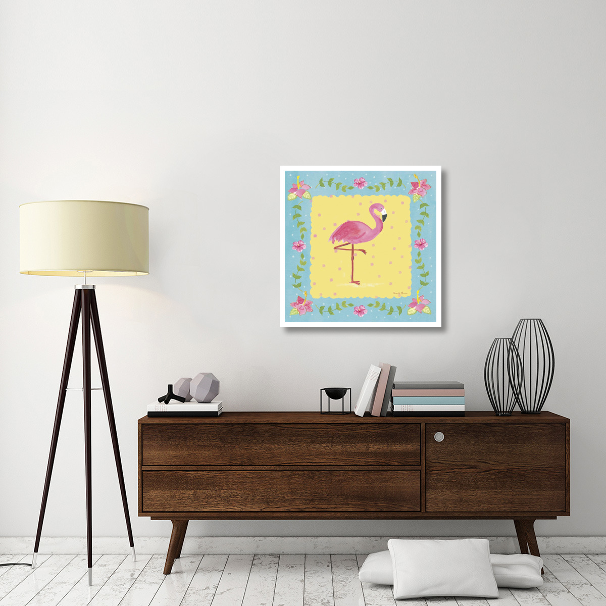 Flamingo Dance I Sq Border -Paper Art-32&quotx32"