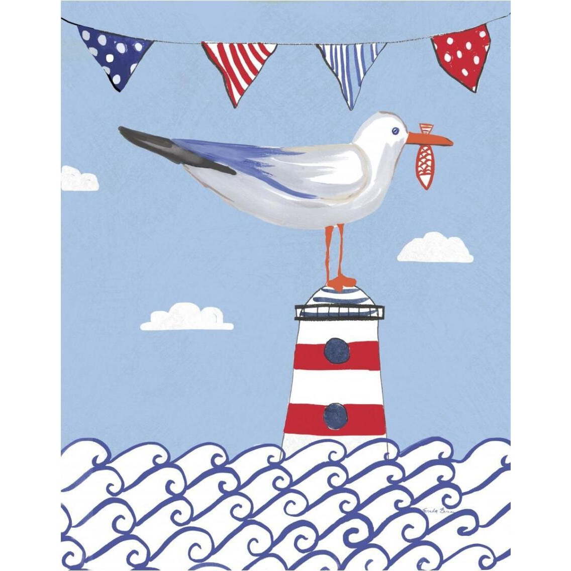 Coastal Bird I Flags on Blue -Paper Art-30&quotx37"