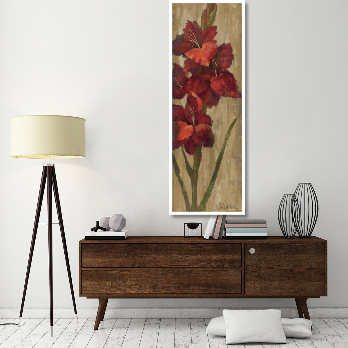 Vivid Red Gladiola on Gold -Paper Art-26&quotx74"