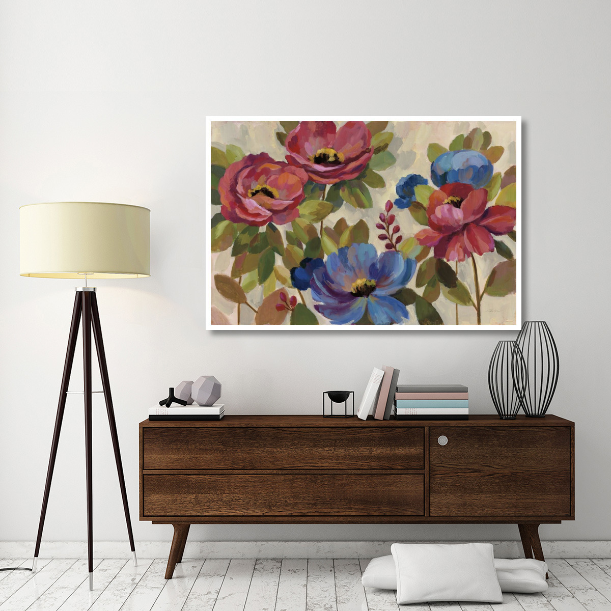 Coral and Blue Flowers -Paper Art-62&quotx42"