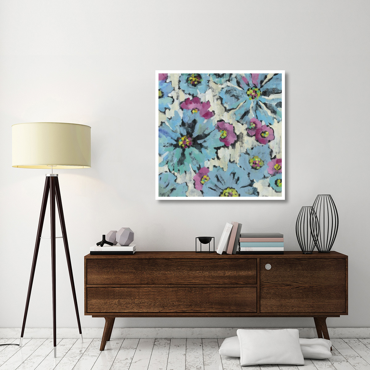 Graphic Pink and Blue Floral I -Paper Art-42&quotx42"