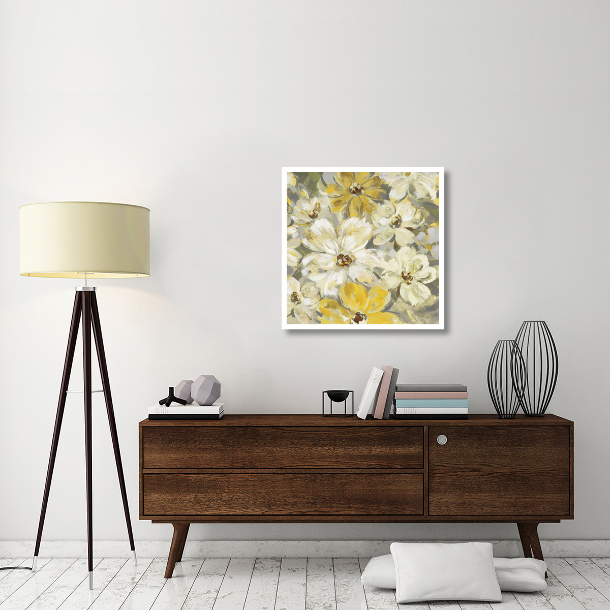 Scattered Spring Petals Yellow Gray Crop -Paper Art-32&quotx32"