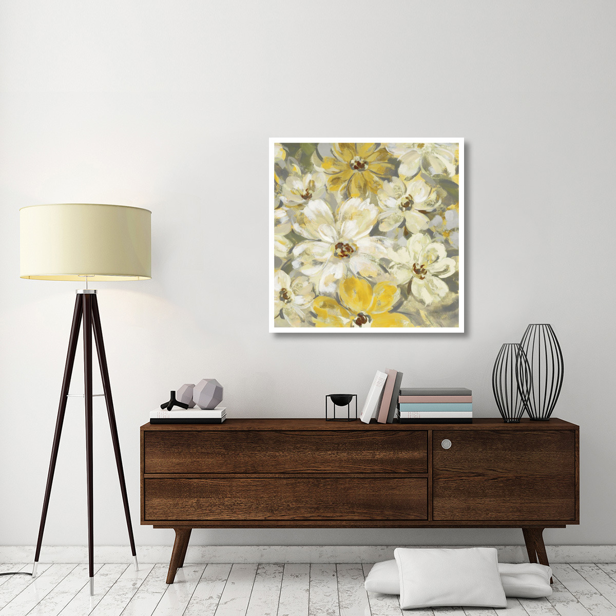 Scattered Spring Petals Yellow Gray Crop -Paper Art-38&quotx38"