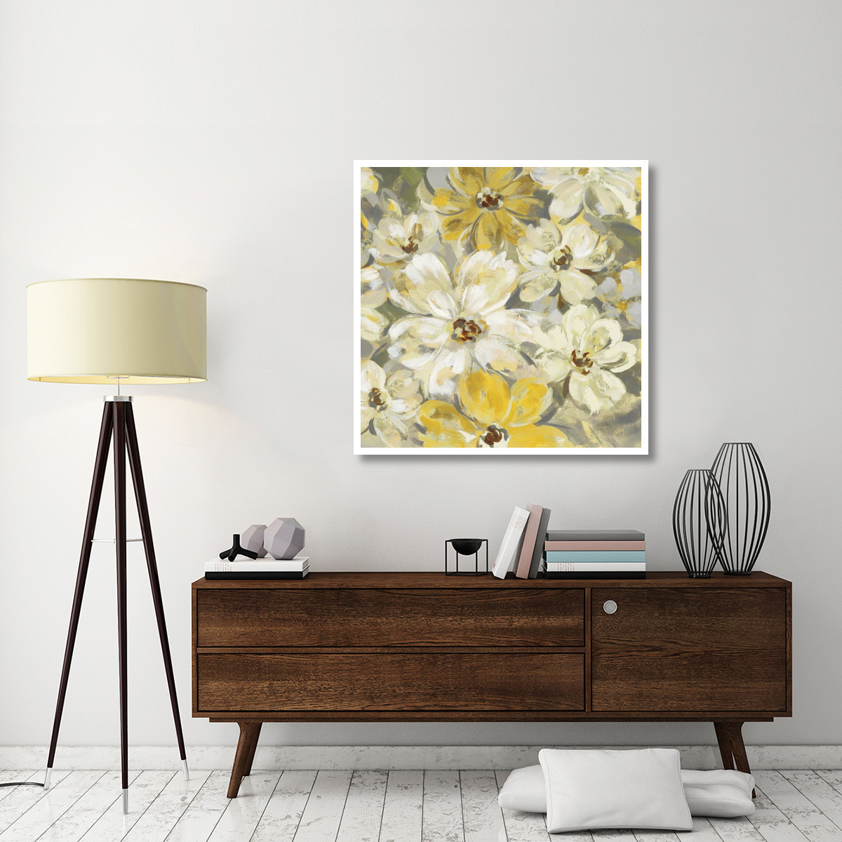 Scattered Spring Petals Yellow Gray Crop -Paper Art-42&quotx42"