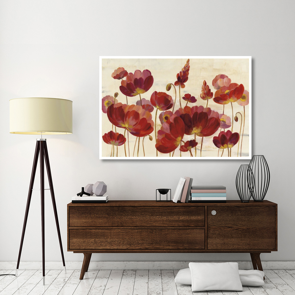 Red Flowers on Cream Crop -Paper Art-62&quotx42"