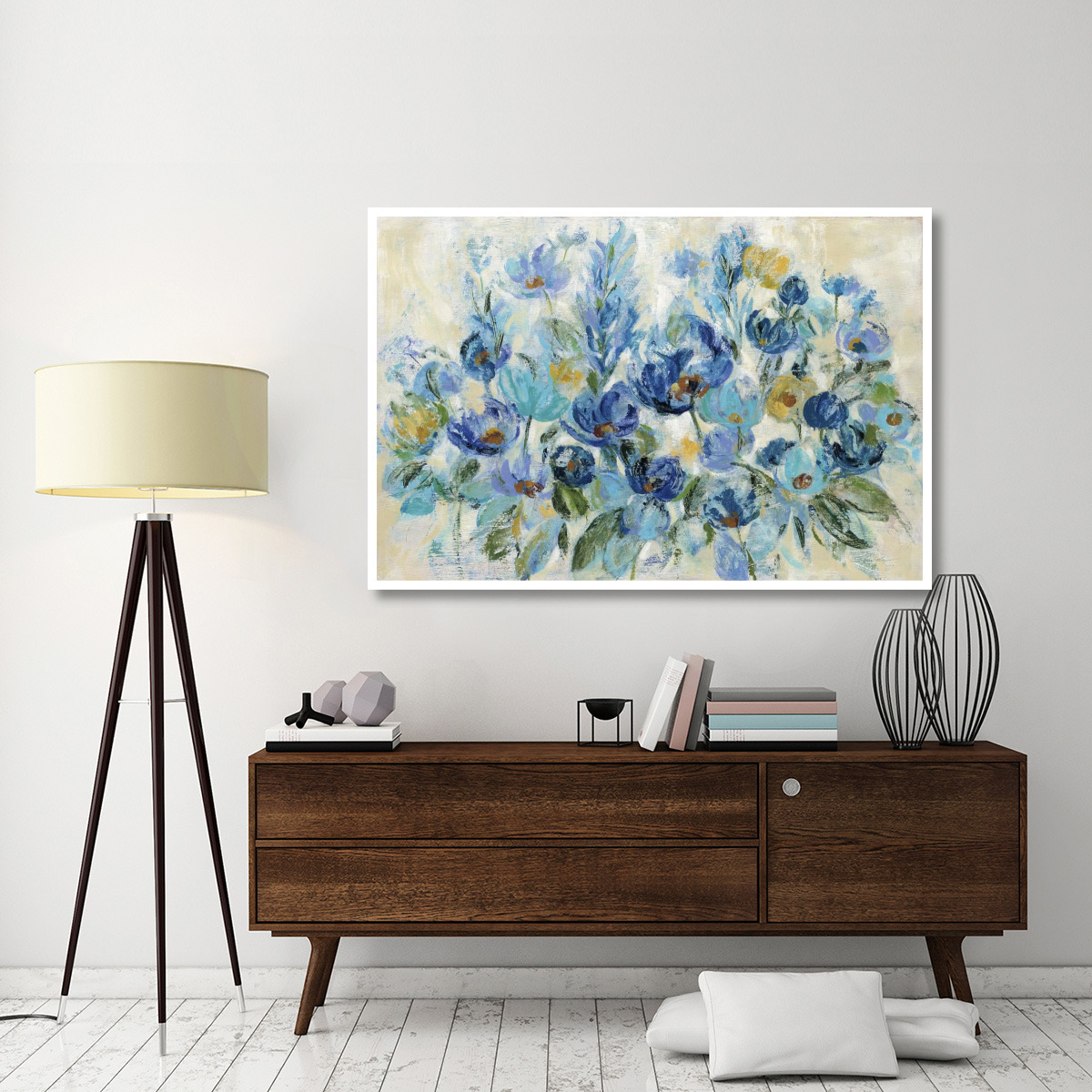 Scattered Blue Flowers -Paper Art-62&quotx42"