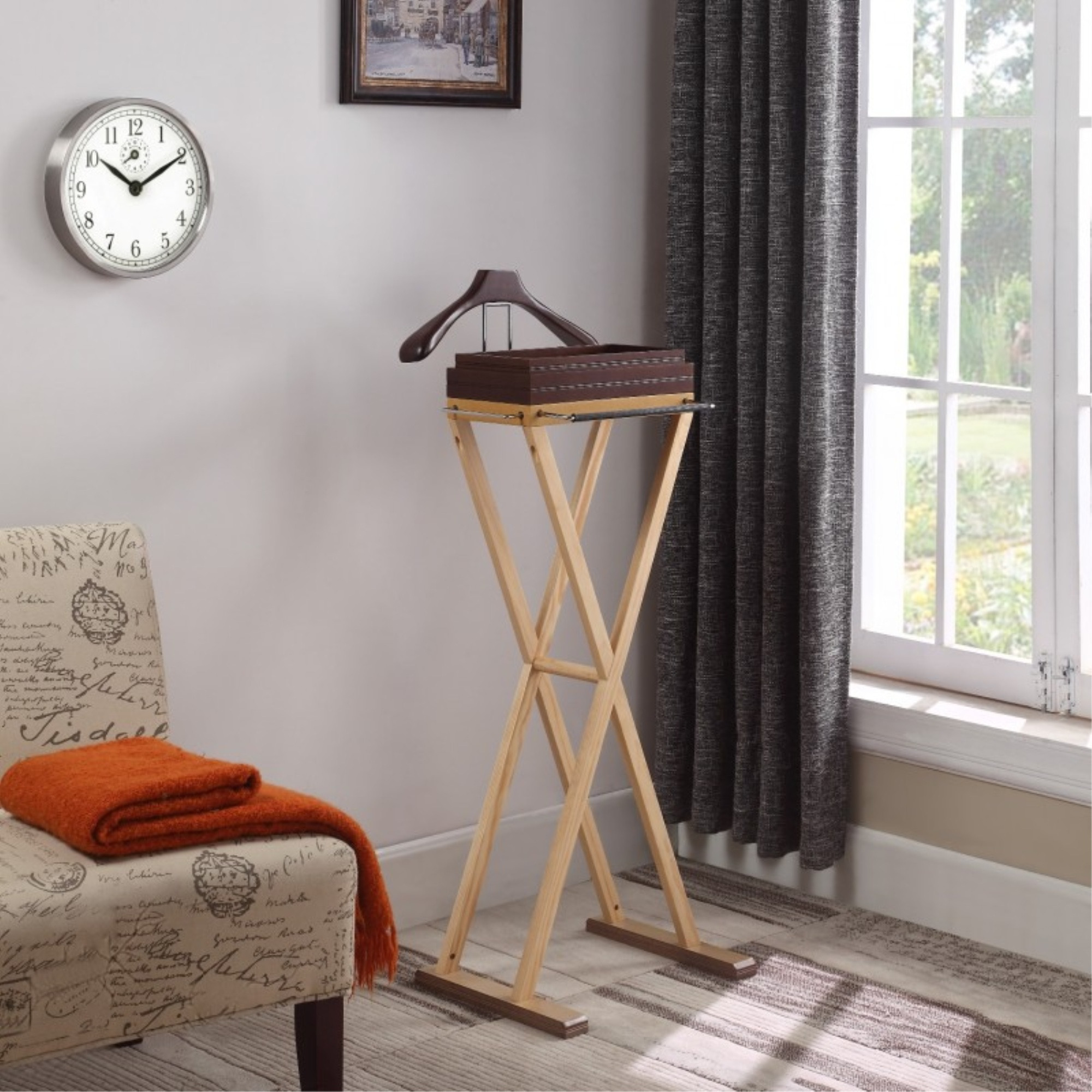 Laguna Valet,medium walnut for tray and hanger, natural color for body, chrome hardware