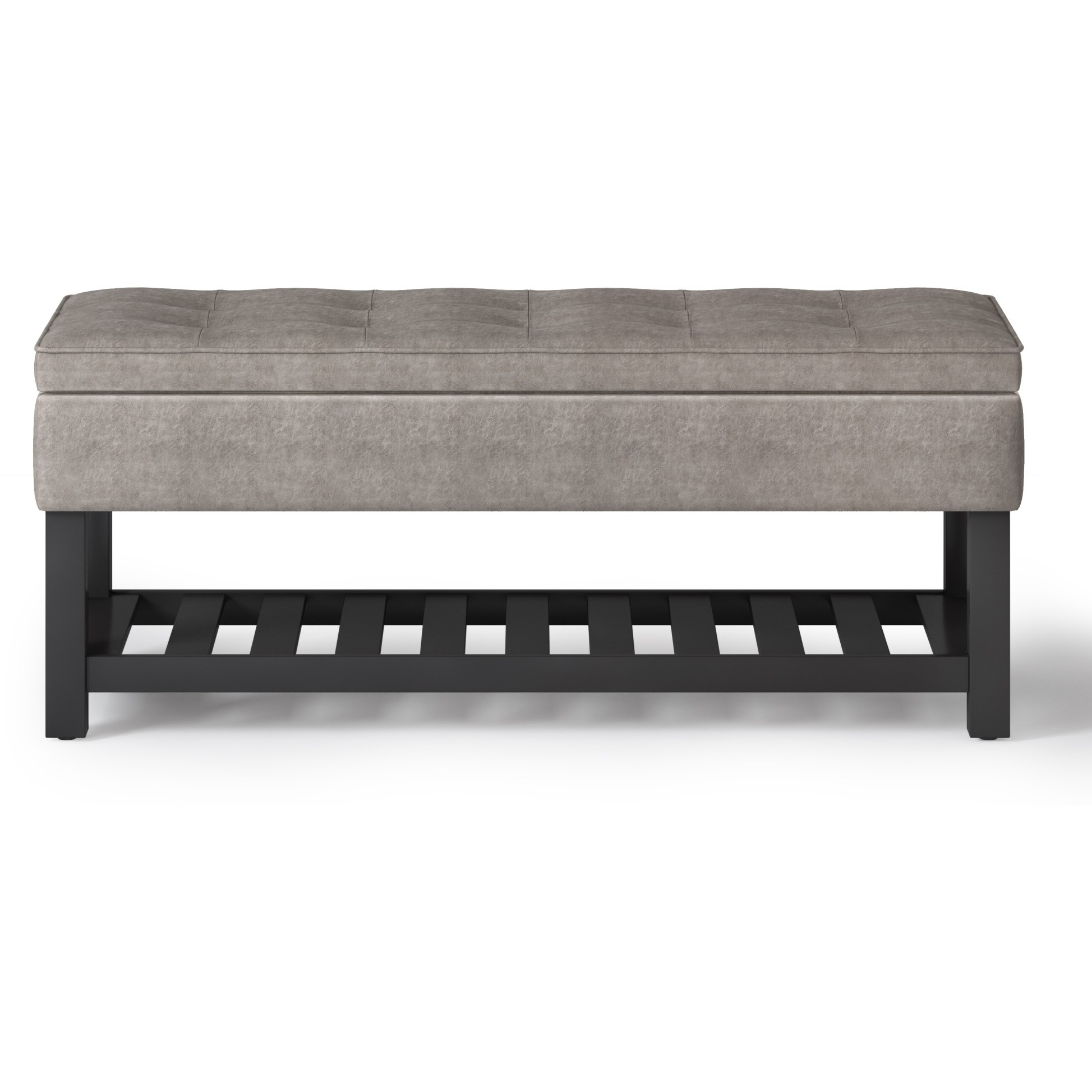 Cosmopolitan 44 inch Wide Transitional Rectangle Storage Ottoman Bench with Open Bottom in Distressed Grey Taupe Faux Leather