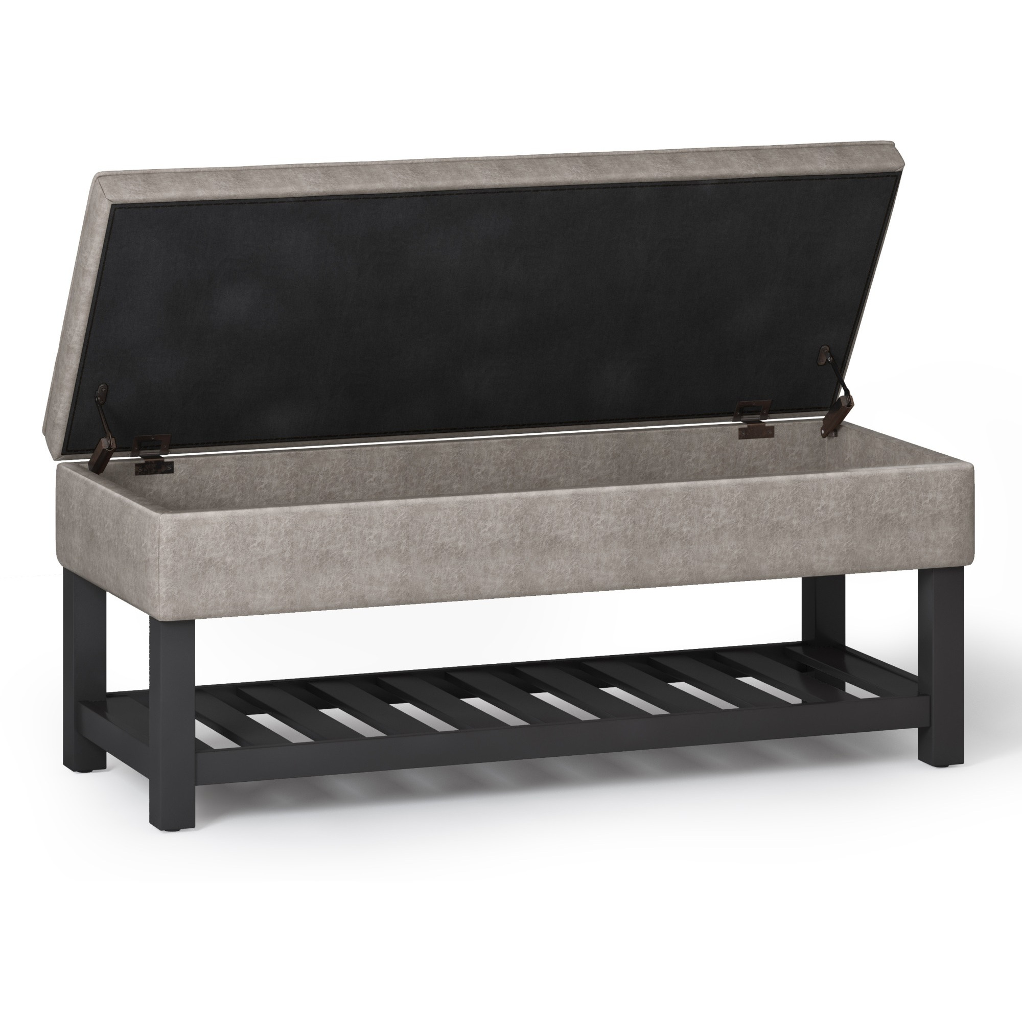 Cosmopolitan 44 inch Wide Transitional Rectangle Storage Ottoman Bench with Open Bottom in Distressed Grey Taupe Faux Leather
