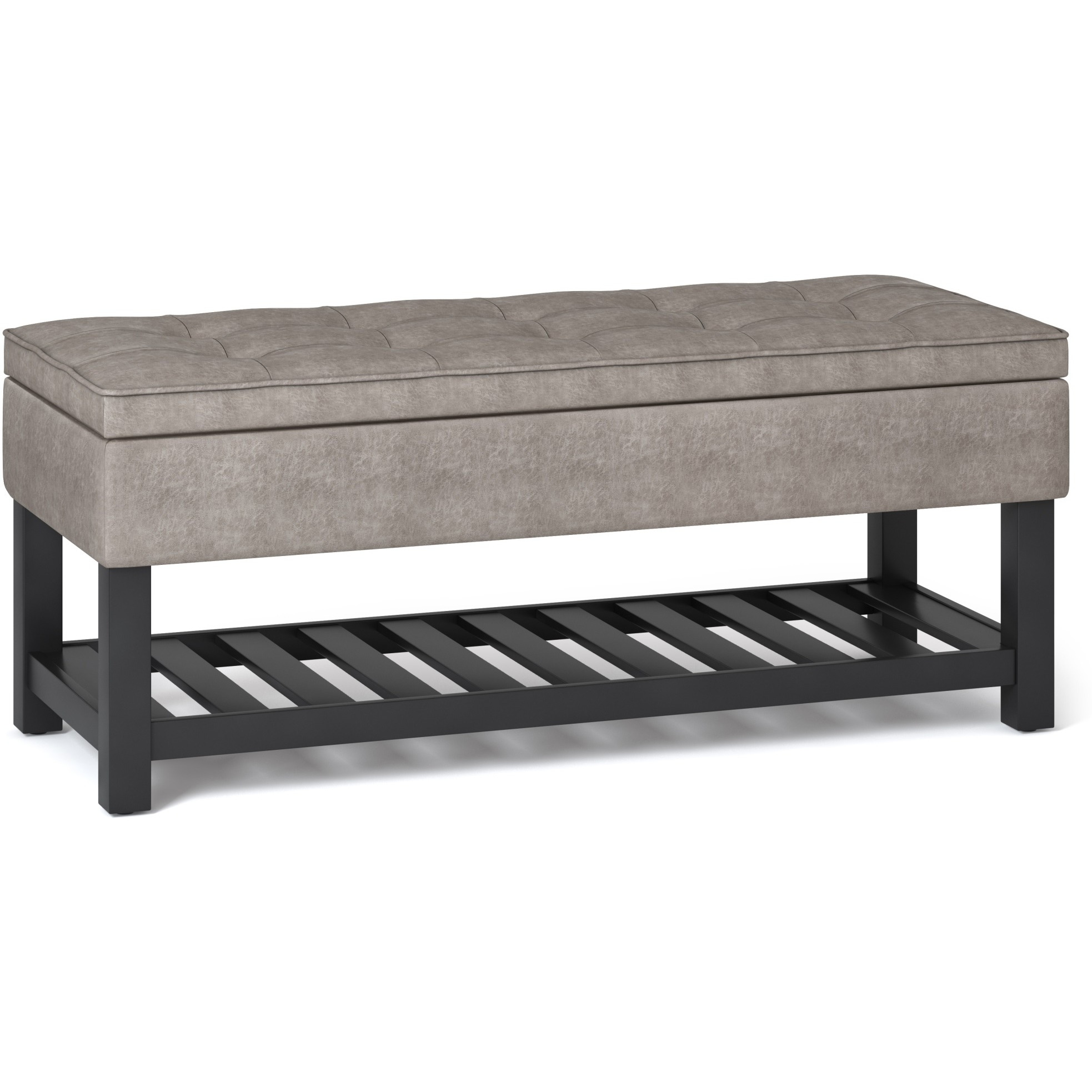 Cosmopolitan 44 inch Wide Transitional Rectangle Storage Ottoman Bench with Open Bottom in Distressed Grey Taupe Faux Leather