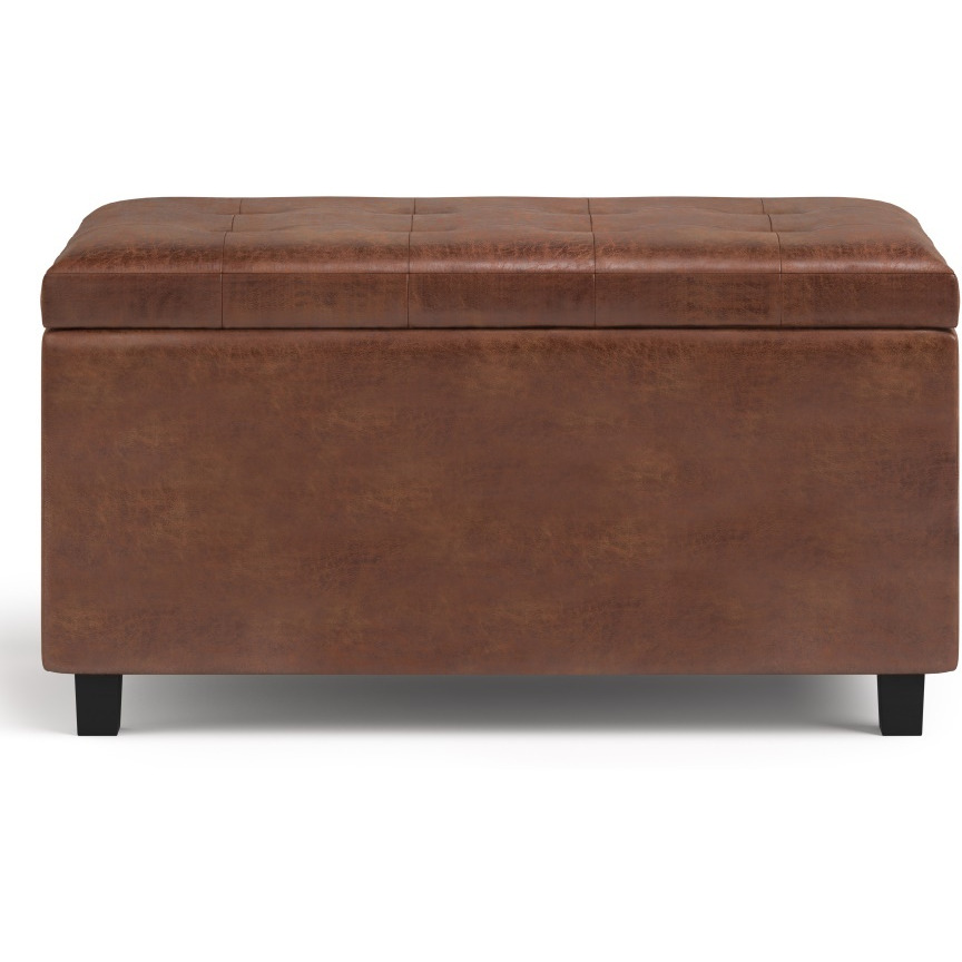 Cosmopolitan 34 inch Wide Transitional Rectangle Storage Ottoman in Distressed Saddle Brown Faux Leather