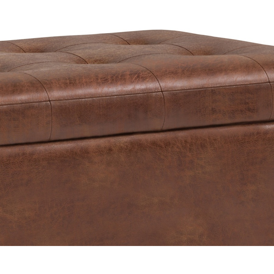 Cosmopolitan 34 inch Wide Transitional Rectangle Storage Ottoman in Distressed Saddle Brown Faux Leather