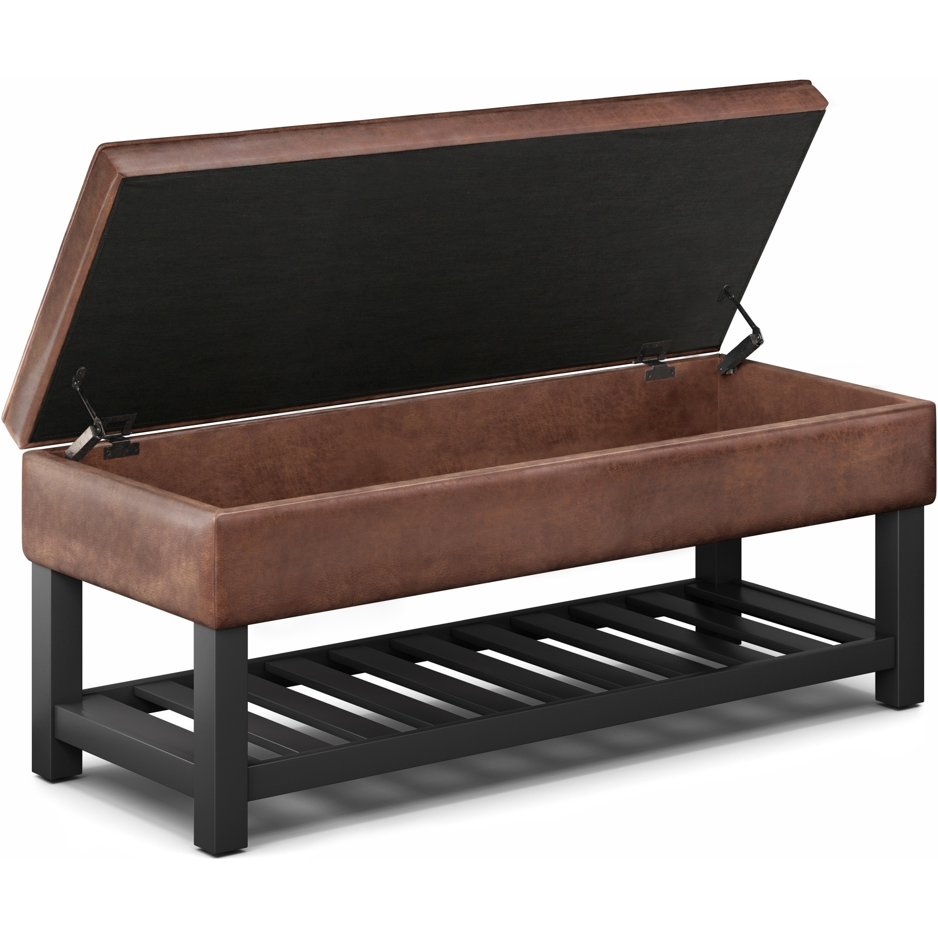 Cosmopolitan 44 inch Wide Transitional Rectangle Storage Ottoman Bench with Open Bottom in Distressed Saddle Brown Faux Leather
