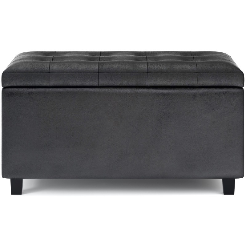 Cosmopolitan 34 inch Wide Transitional Rectangle Storage Ottoman in Distressed Black Faux Leather