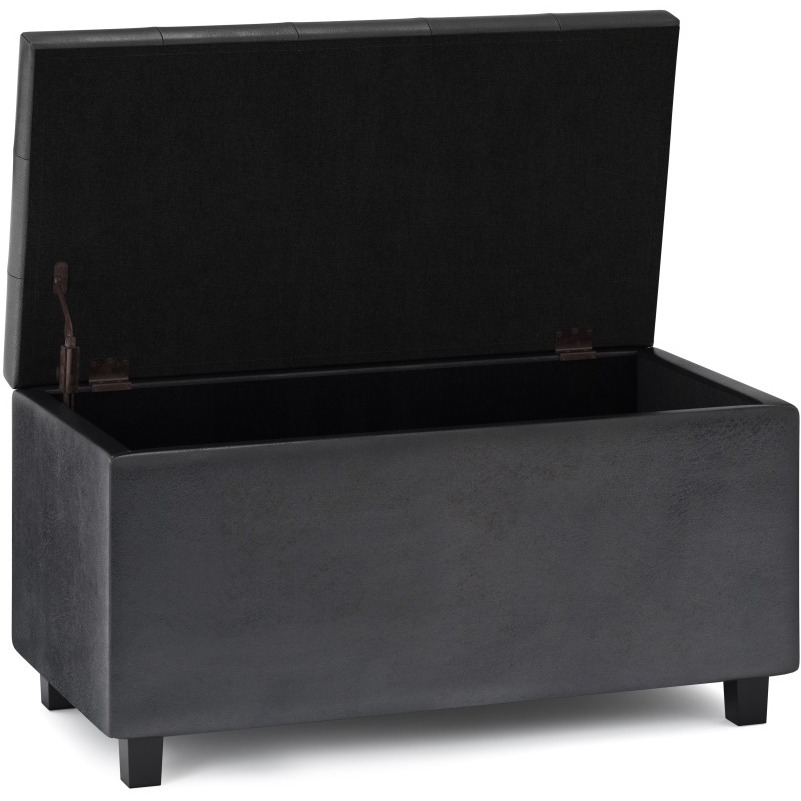 Cosmopolitan 34 inch Wide Transitional Rectangle Storage Ottoman in Distressed Black Faux Leather
