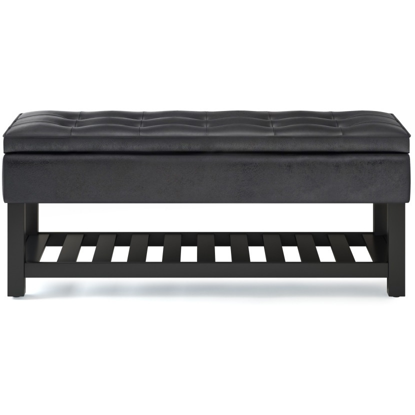 Cosmopolitan 44 inch Wide Transitional Rectangle Storage Ottoman Bench with Open Bottom in Distressed Black Faux Leather