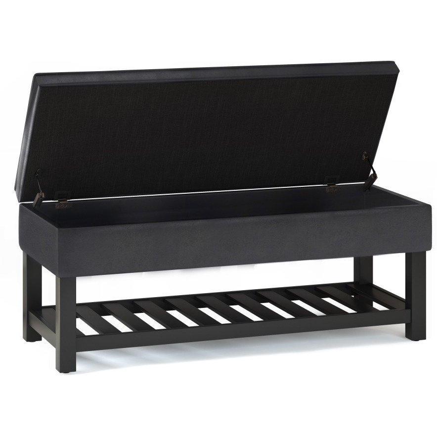 Cosmopolitan 44 inch Wide Transitional Rectangle Storage Ottoman Bench with Open Bottom in Distressed Black Faux Leather