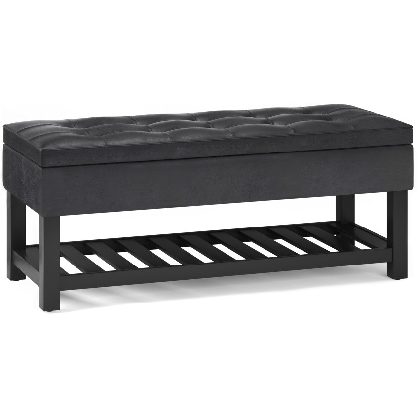 Cosmopolitan 44 inch Wide Transitional Rectangle Storage Ottoman Bench with Open Bottom in Distressed Black Faux Leather