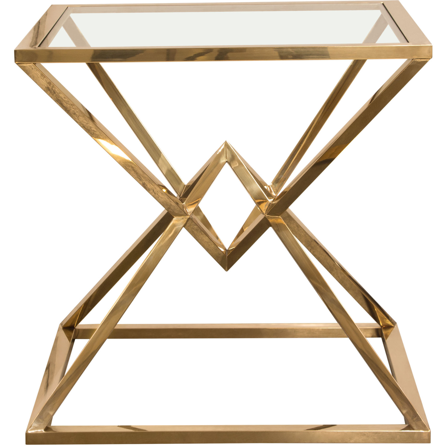 Aria Square Stainless Steel End Table w/ Polished Gold Finish Base & Clear, Tempered Glass Top by Diamond Sofa