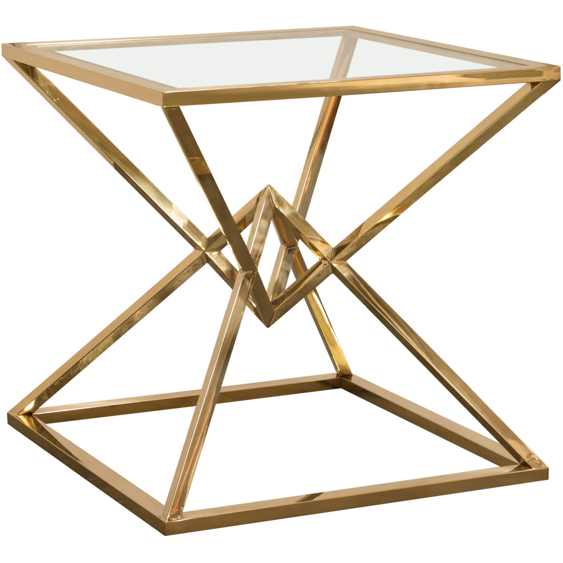 Aria Square Stainless Steel End Table w/ Polished Gold Finish Base & Clear, Tempered Glass Top by Diamond Sofa