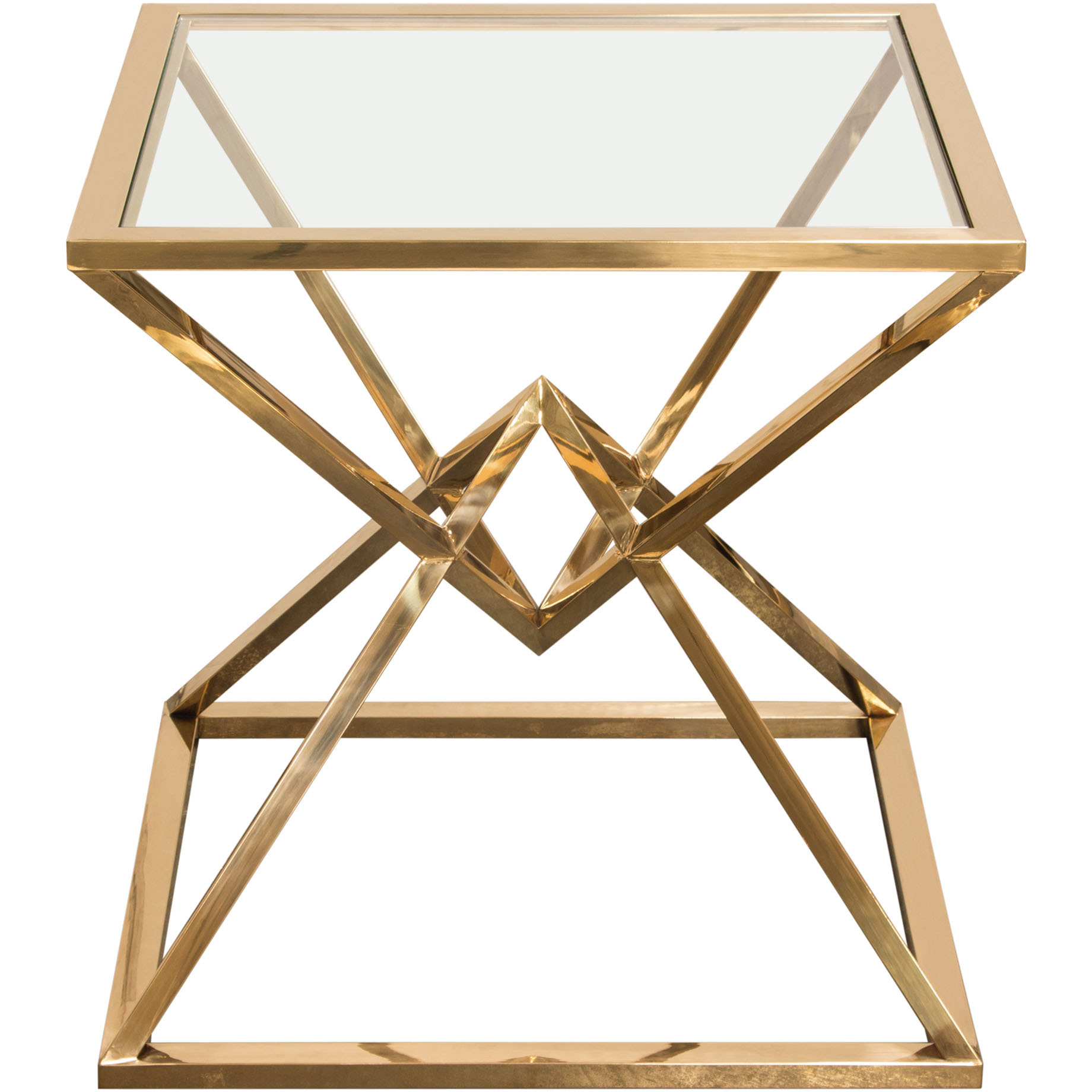 Aria Square Stainless Steel End Table w/ Polished Gold Finish Base & Clear, Tempered Glass Top by Diamond Sofa