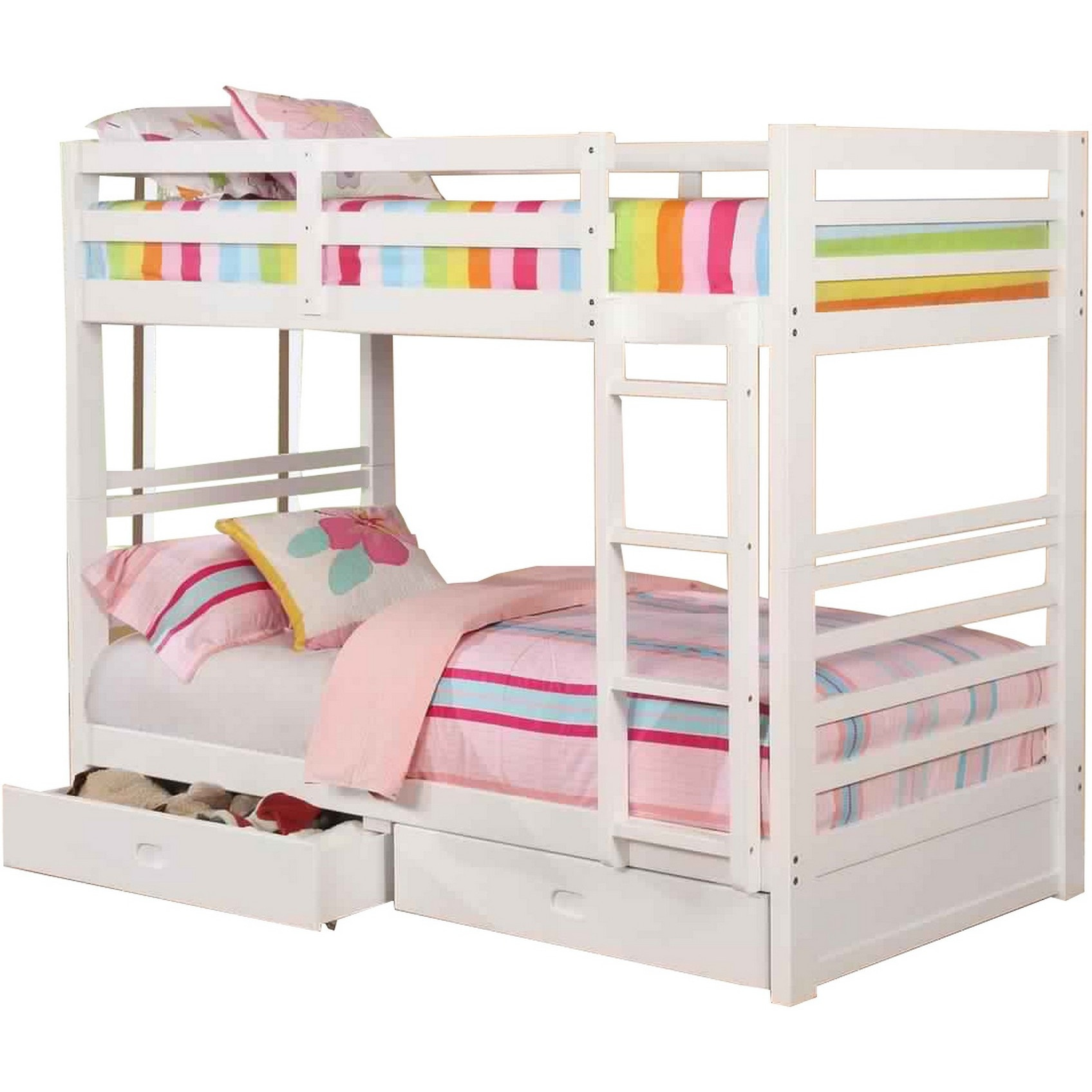 Transitional Twin Over Twin Bed with Attached Ladder and Drawers, White