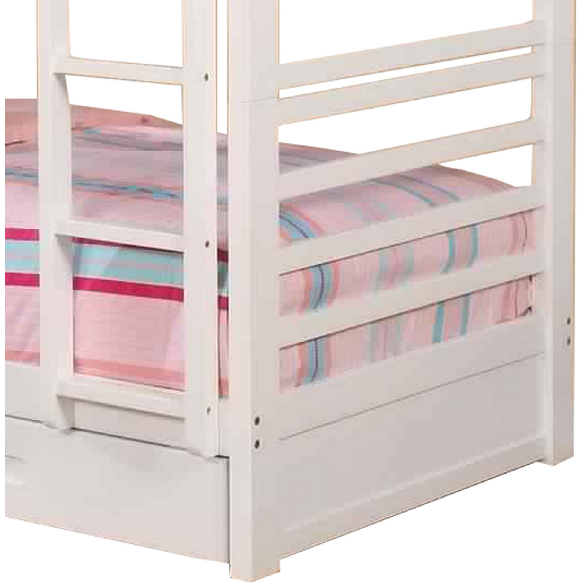 Transitional Twin Over Twin Bed with Attached Ladder and Drawers, White