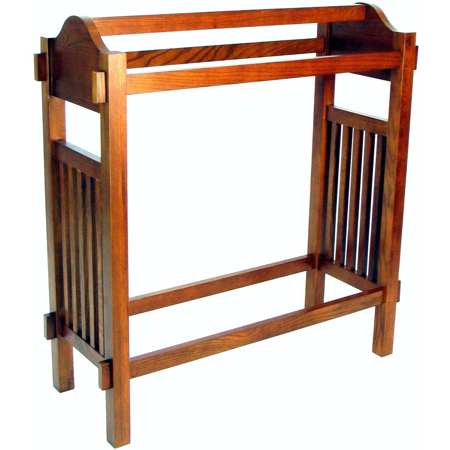 Wooden Mission Style Quilt Rack with 3 Hanging Bars on Scrolled Top, Brown