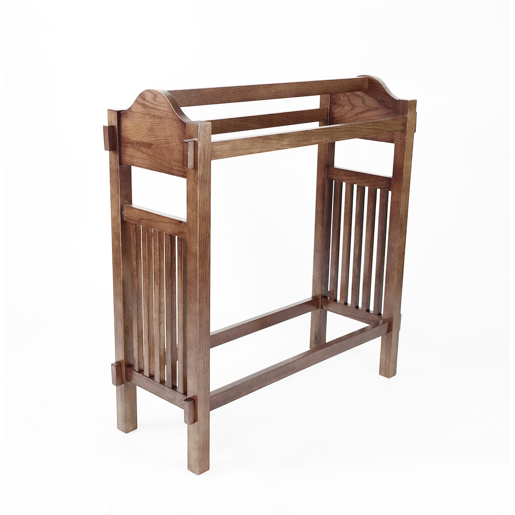 Wooden Mission Style Quilt Rack with 3 Hanging Bars on Scrolled Top, Brown