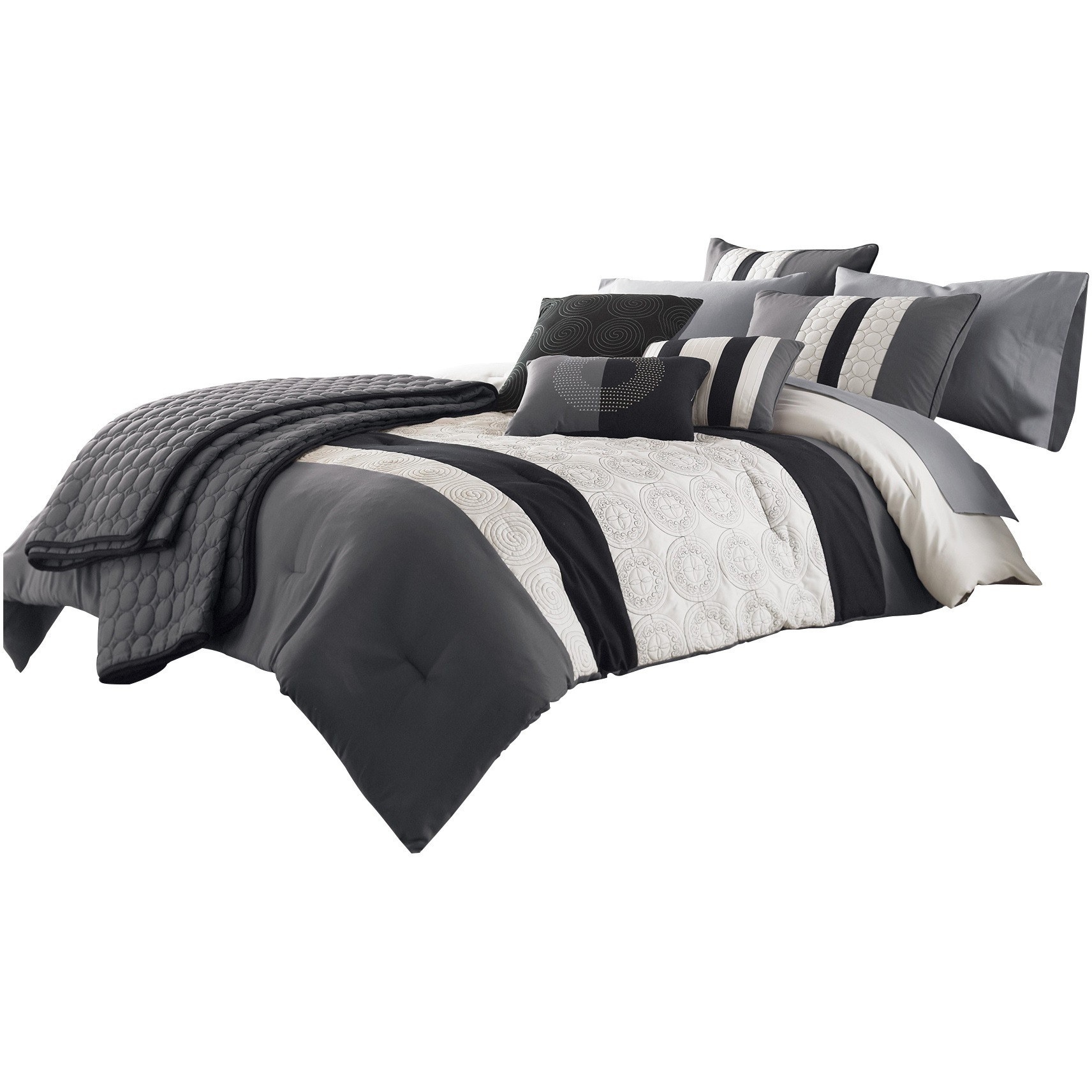 7 Piece Queen Cotton Comforter Set with Geometric Print, Gray and Black