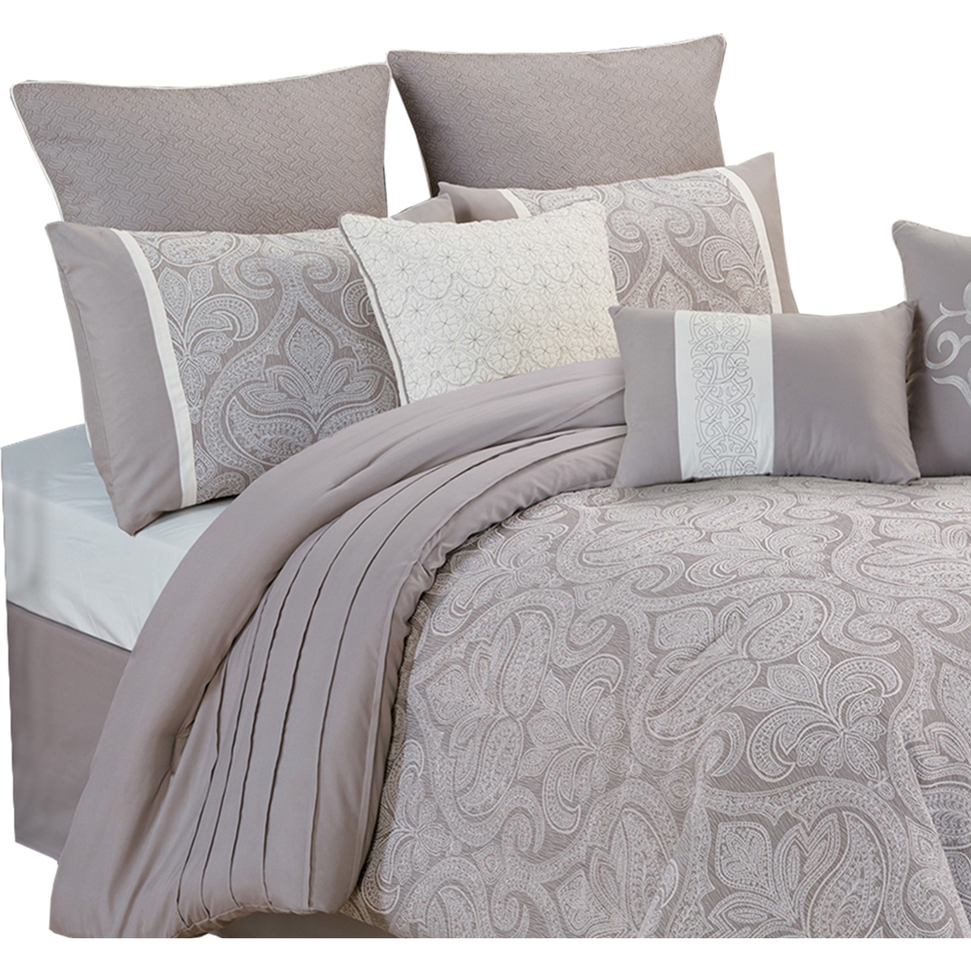 King Size 10 Piece Fabric Comforter Set with Medallion Prints, White