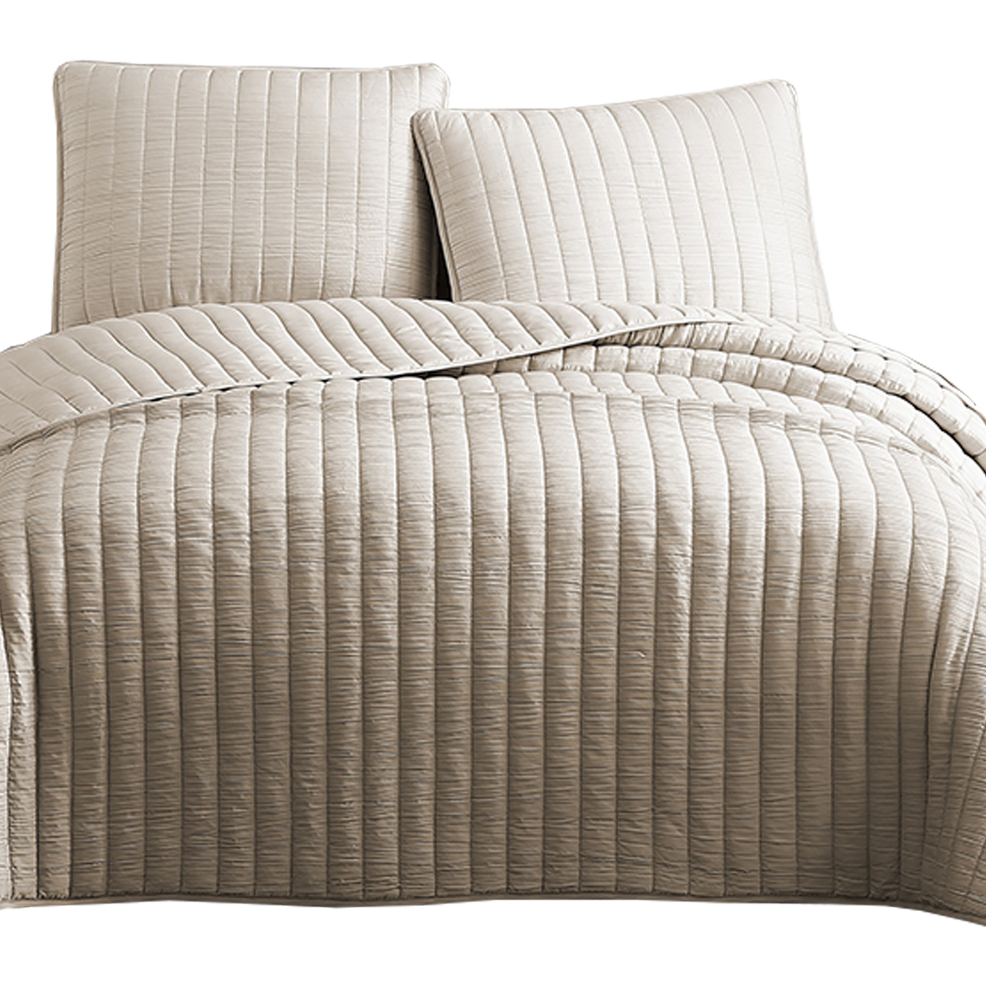 3 Piece Crinkles King Size Coverlet Set with Vertical Stitching, Brown