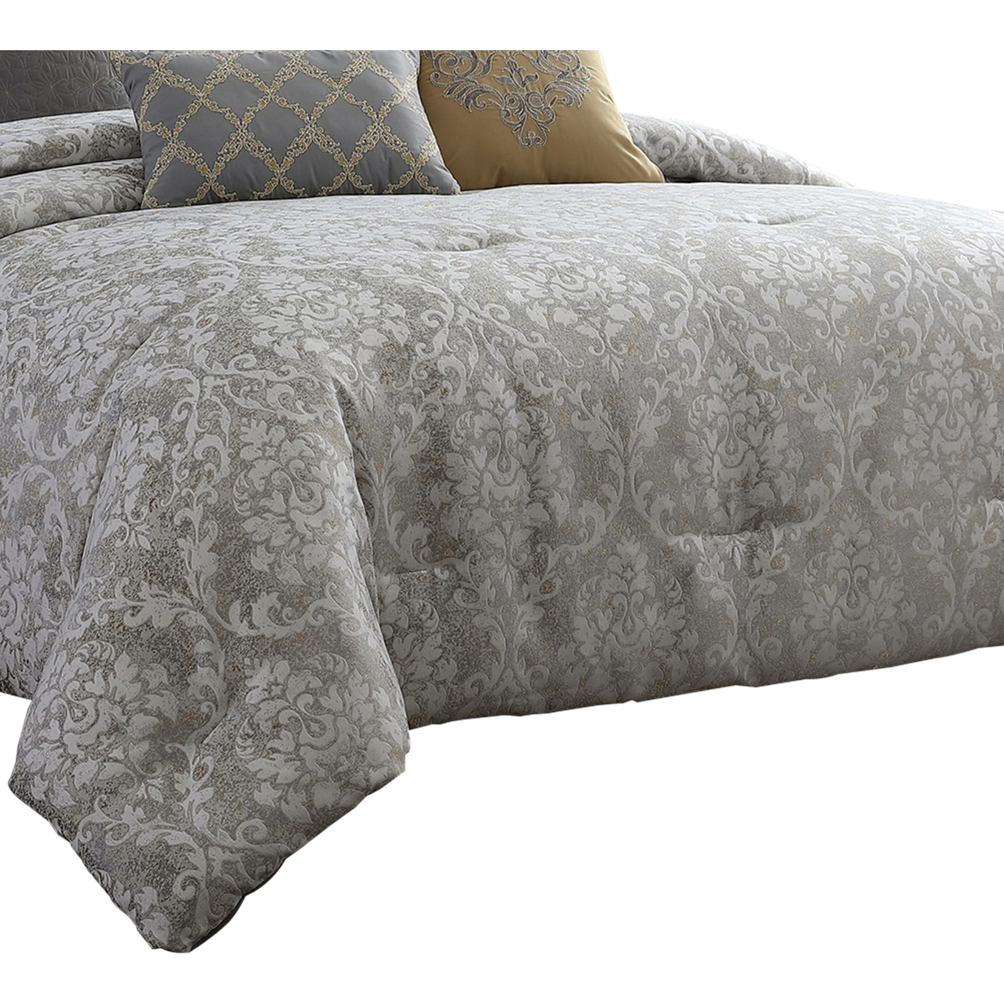 8 Piece Queen Polyester Comforter Set with Medallion Print, Gray and Gold
