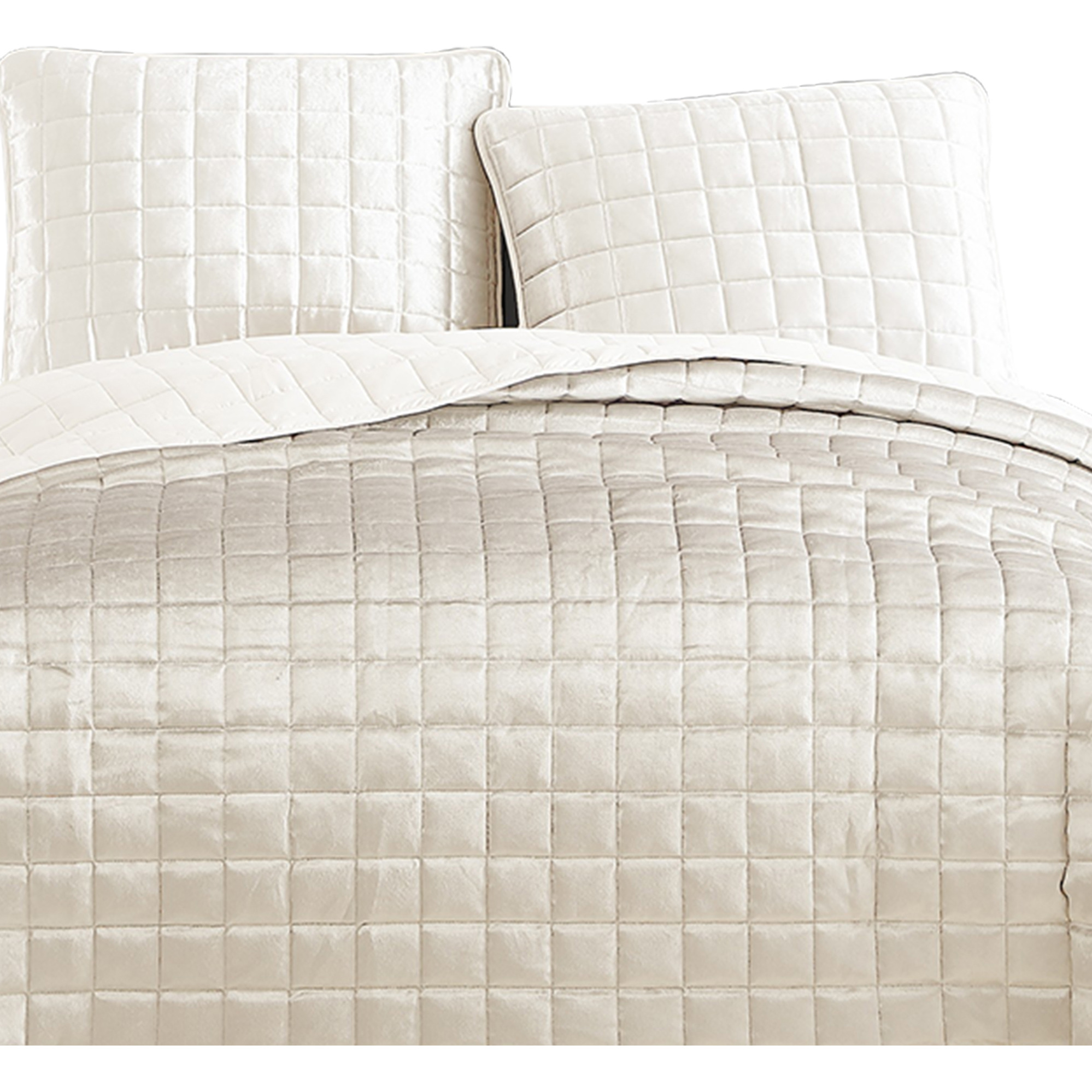 3 Piece Queen Size Coverlet Set with Stitched Square Pattern, Cream