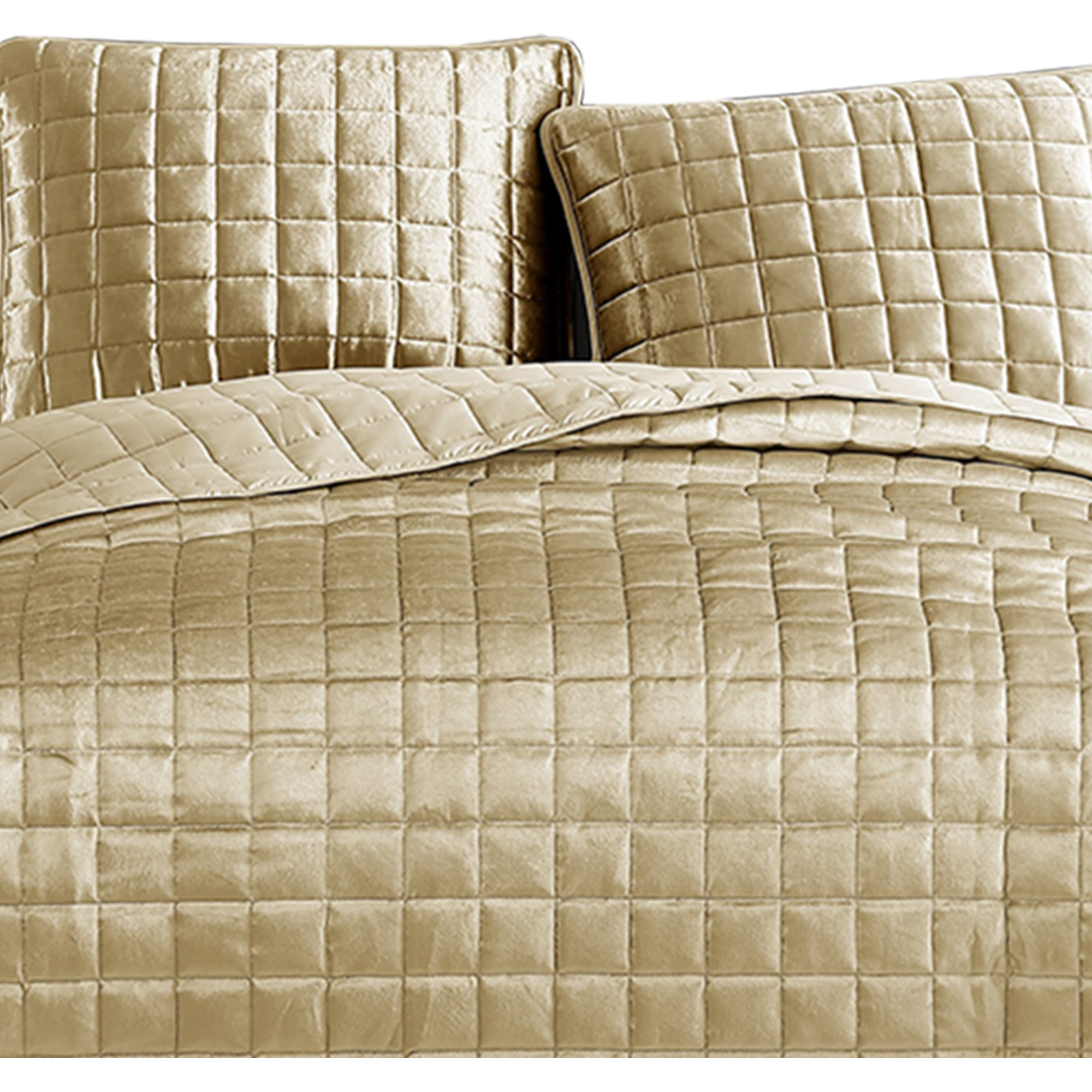 3 Piece King Size Coverlet Set with Stitched Square Pattern, Gold